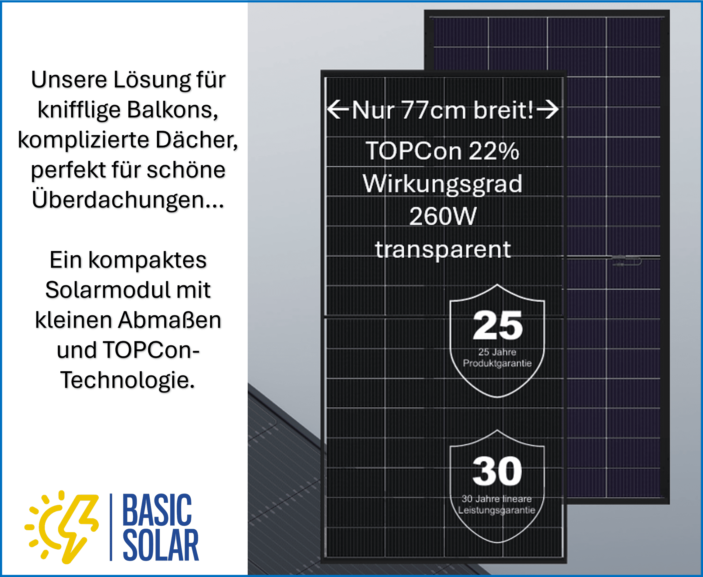 DMEGC DM260M10T-B32HBT Solarmodul: 260 Wp, TopCon, geringere Abmaße, bifazial & transparent Das DMEGC DM260M10T-B32HBT Solarmodul bietet 260 Wp Leistung bei 22 % Wirkungsgrad. Dank kompakter Maße eignet es sich perfekt für Dächer mit wenig Platz oder komplexen Konstruktionen. Klein, kompakt, leicht und mit transparenter Hintergrundfolie ist es auch sehr gut für Überdachungen geeignet.