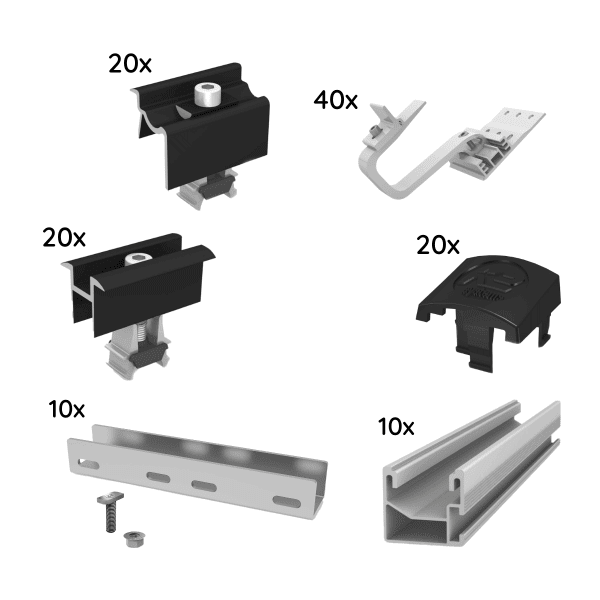 K2 Unterkonstruktionsset für 10 Module, Single Rail für Schrägdach, 1-lagig, schwarze Klemmen