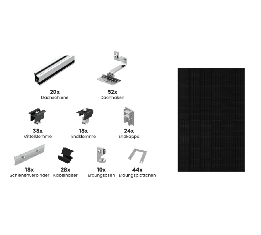 paket clen 8,6 kWp Solarset, Module mit Unterkonstruktion: Ja 430 Glas/Glas Fullblack, Schrägdach-UK mit Standardhaken