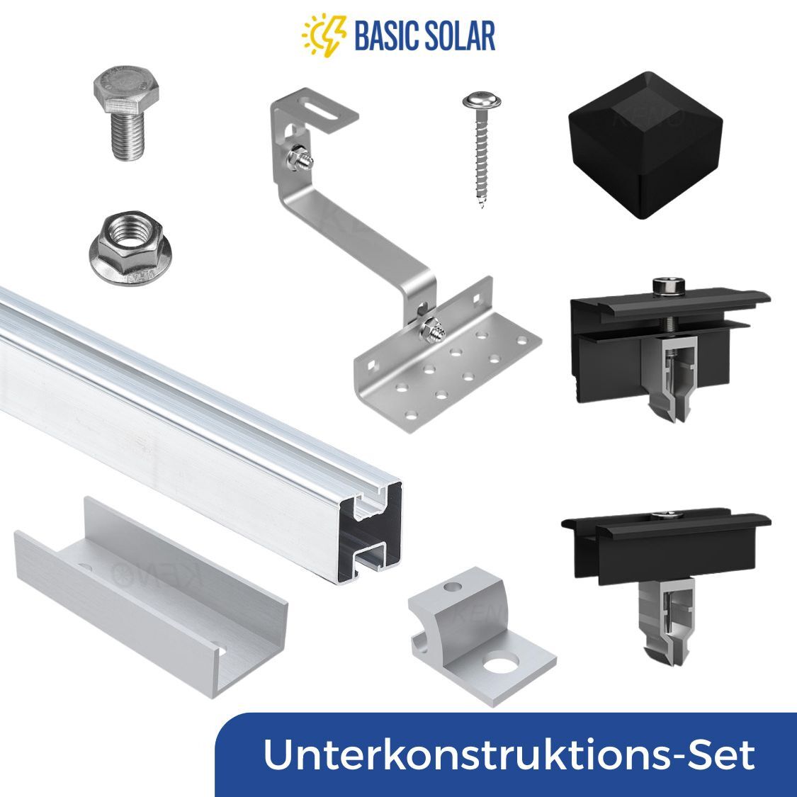 Unterkonstruktion Set Unterkonstruktion für 18 Module Dieses Montageset enthält alle notwendigen Komponenten für die Installation von 18 Solarmodulen